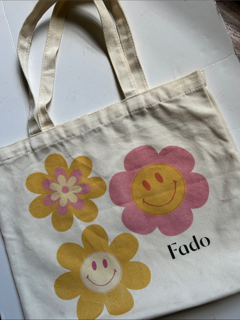 Cream Canvas Tote bag with Pink & Yellow Smiley Face Flowers 13”x16”